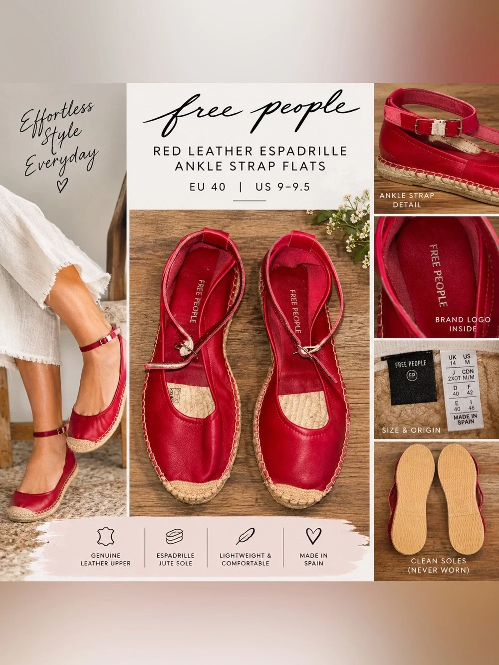 Free People Red Leather Espadrille Ankle Strap Flats EU 40 US 9-9.5 NWOT